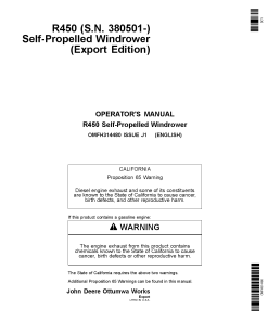 John Deere R450 Self-Propelled Windrower (380501-) OMFH314480 Operators and Maintenance Manual PDF Download