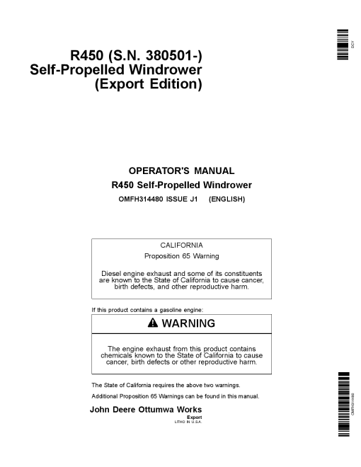 John Deere R450 Self-Propelled Windrower (380501-) OMFH314480 Operators and Maintenance Manual PDF Download