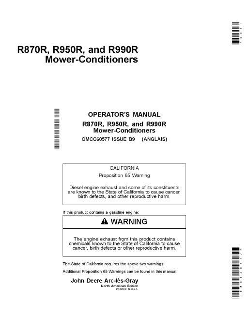 John Deere R870R, R950R & R990R Mower-Conditioners OMCC60577 Operators and Maintenance Manual PDF Download
