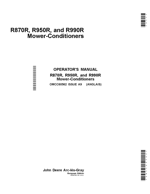 John Deere R870R, R950R and R990R Mower-Conditioners OMCC60562 Operators and Maintenance Manual PDF Download