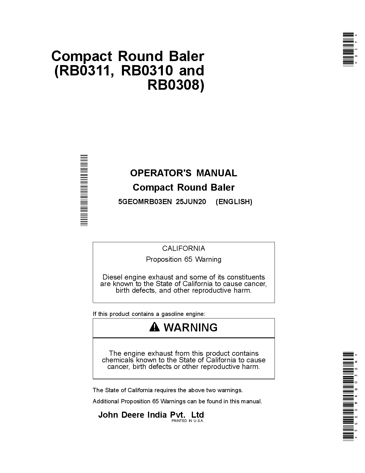 John Deere RB0311, RB0310 and RB0308 Compact Round Baler 5GEOMRB03EN Operators and Maintenance Manual PDF Download