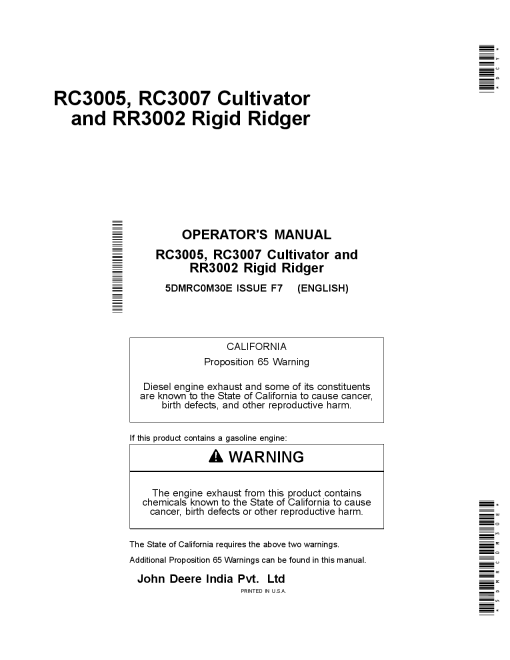 John Deere RC3005, RC3007 Cultivator & RR3002 RigidRidger 5DMRC0M30E Operators and Maintenance Manual PDF Download