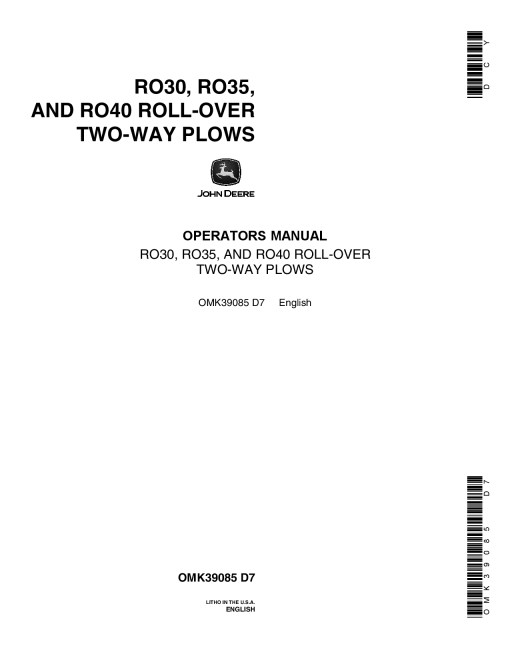 John Deere RO30, RO35, RO40 Roll-Over Two-Way Plows OMK39085 Operators and Maintenance Manual PDF Download