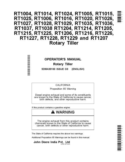 John Deere RT10, RT12 Rotary Tiller 5DMA99100 Operators and Maintenance Manual PDF Download