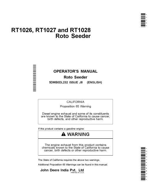 John Deere RT1026, RT1027 and RT1028 Roto Seeders 5DMB0DL232 Operators and Maintenance Manual PDF Download