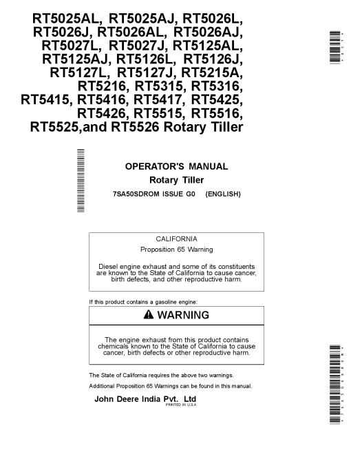 John Deere RT5 series Rotary Tiller 7SA50SDROM Operators and Maintenance Manual PDF Download