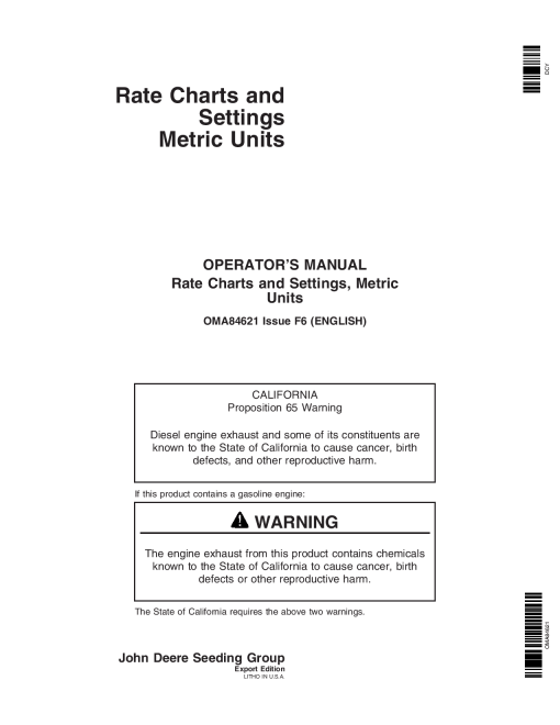 John Deere Rate Charts 81 Settings Metric Units (720101-725100) OMA84621 Operators and Maintenance Manual PDF Download