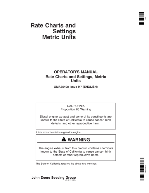 John Deere Rate Charts & Settings Metric Units (725101-735100 ) OMA85408 Operators and Maintenance Manual PDF Download