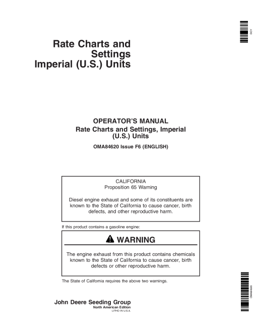 John Deere Rate Charts & Settings Standard Units (720101-) OMA84620 Operators and Maintenance Manual PDF Download