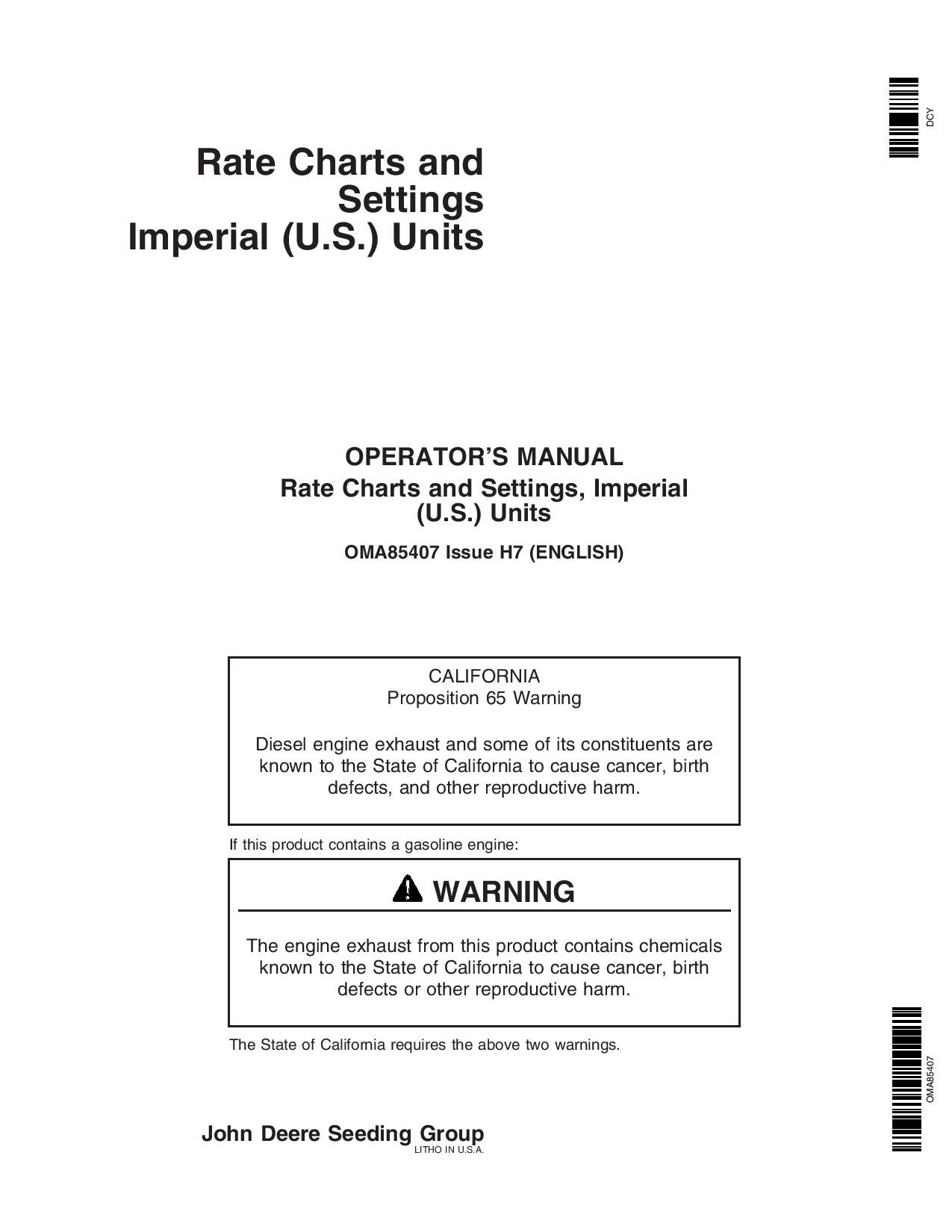John Deere Rate Charts & Settings Standard Units (725101-735100 ) OMA85407 Operators and Maintenance Manual PDF Download