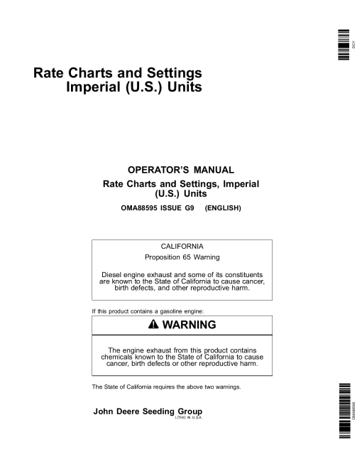 John Deere Rate Charts & Settings Standard Units (735101-740100) OMA88595 Operators and Maintenance Manual PDF Download