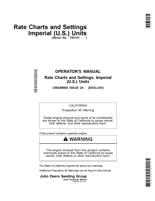 John Deere Rate Charts & Settings Standard Units (740101- ) OMA89866 Operators and Maintenance Manual PDF Download