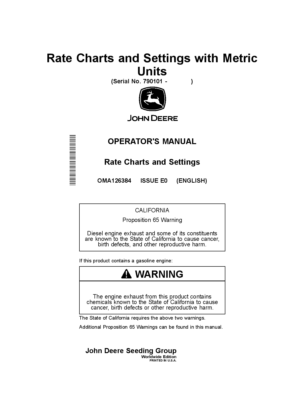 John Deere Rate Charts and Settings with Metric Units (790101-) OMA126384 Operators and Maintenance Manual PDF Download