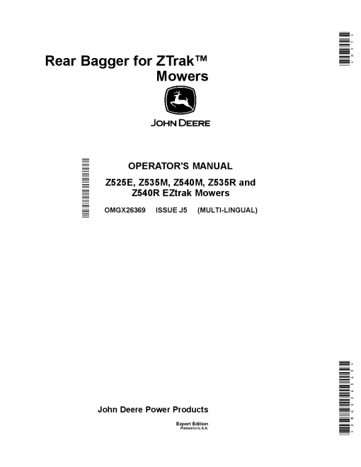 John Deere Rear Bagger for ZTrak Mowers (48 54 Inch)Applies to Z525E, Z535M, Z535R, Z540R & Z540M Mowers Export Edition OMGX26369 Operators and Maintenance Manual PDF Download
