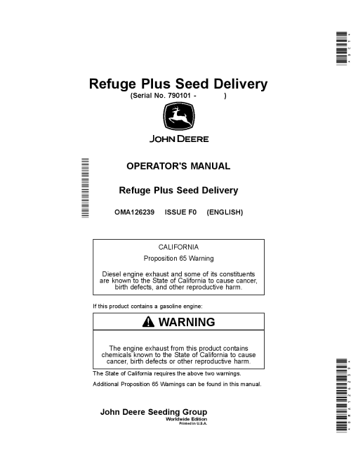 John Deere Refuge Plus Seed Delivery (790101-) OMA126239 Operators and Maintenance Manual PDF Download