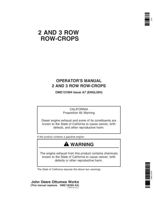 John Deere Row Crop (2 Row, 3 Row) OME131994 Operators and Maintenance Manual PDF Download