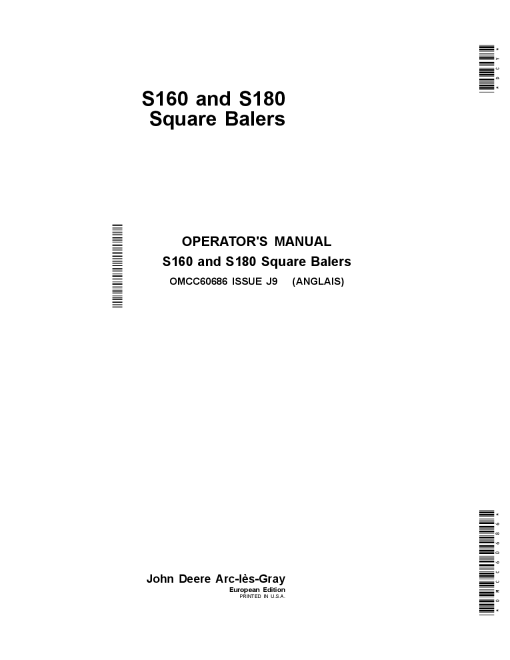 John Deere S160 and S180 Square Balers OMCC60686 Operators and Maintenance Manual PDF Download
