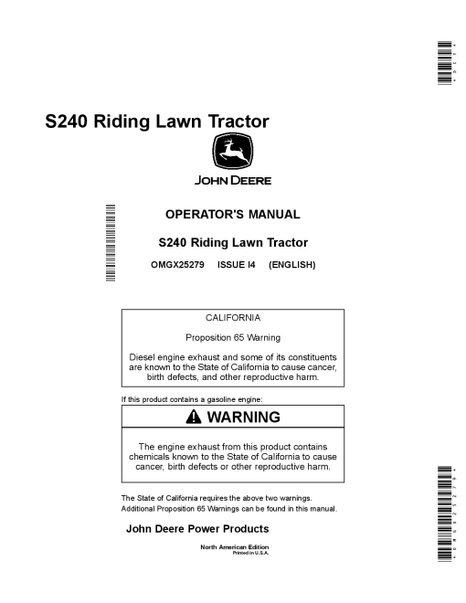 John Deere S240 Riding Lawn Tractor North American Edition (010001-700000) OMGX25279 Operators and Maintenance Manual PDF Download
