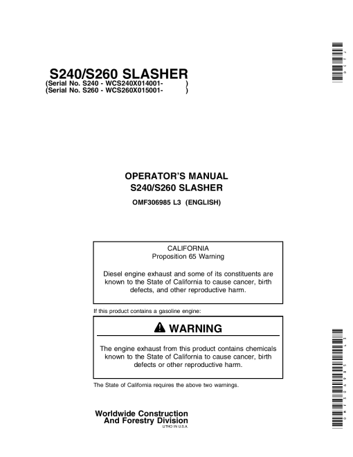 John Deere S240, S260 Slasher Delimber OMF306985 Operators and Maintenance Manual PDF Download