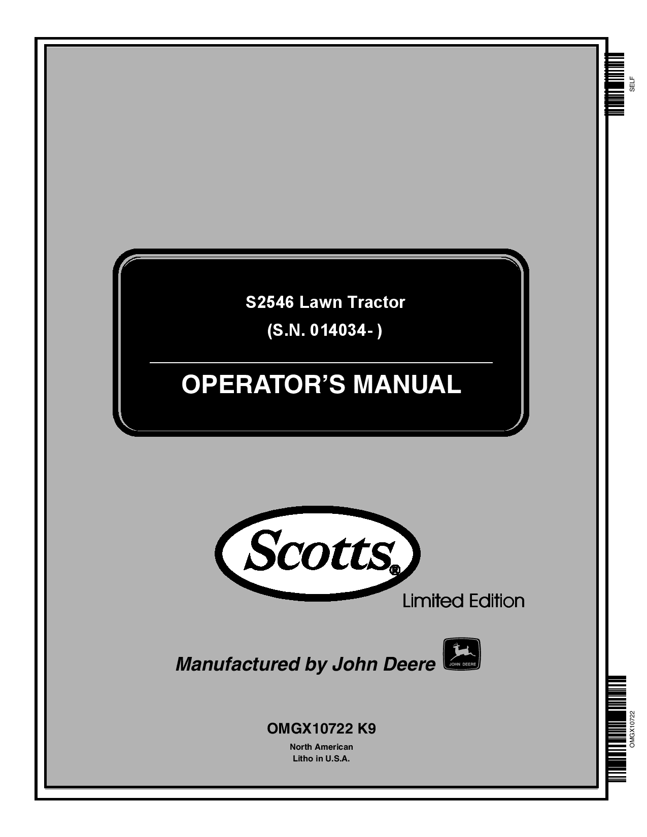 John Deere S2546 Lawn Tractor Scotts Limited Edition OMGX10722 Operators and Maintenance Manual PDF Download