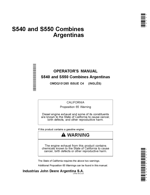 John Deere S540 and S550 Combines Argentinas OMDQ101265 Operators and Maintenance Manual PDF Download