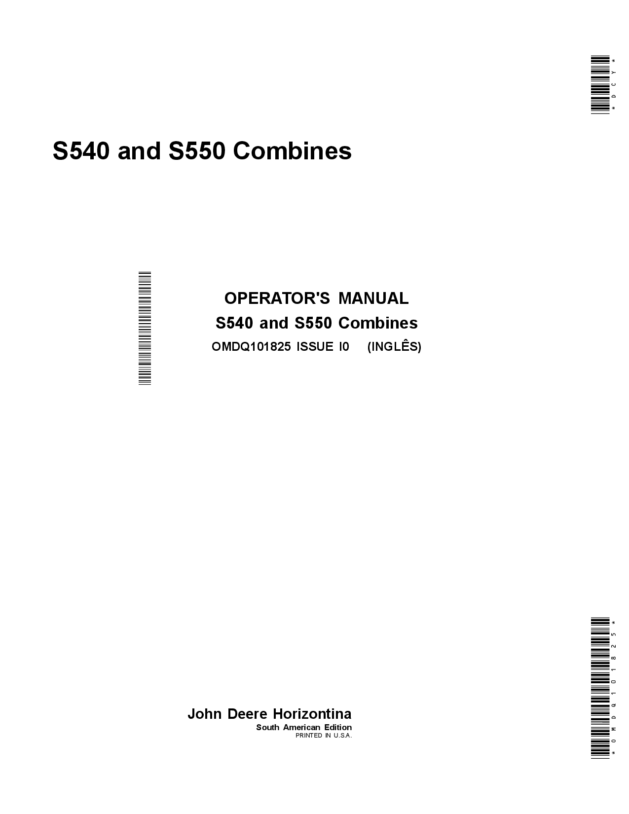 John Deere S540 and S550 Combines OMDQ101825 Operators and Maintenance Manual PDF Download
