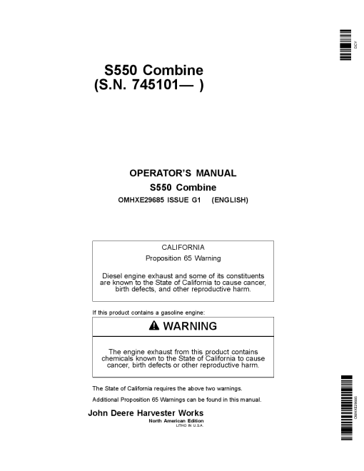 John Deere S550 Combine (745101-) OMHXE29685 Operators and Maintenance Manual PDF Download