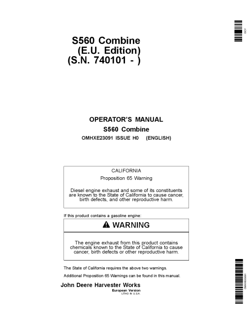 John Deere S560 Combine (EU Edition) (740101-) OMHXE23091 Operators and Maintenance Manual PDF Download