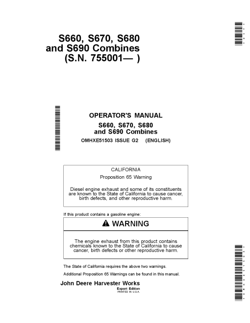 John Deere S660, 5670, S680, S690 Combines (with Text Free Decals) OMHXE51503 Operators and Maintenance Manual PDF Download
