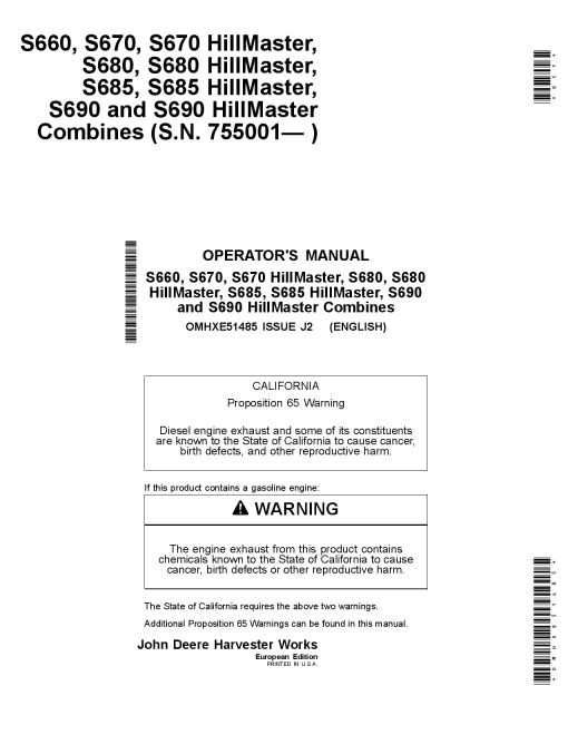 John Deere S660, S670, S670 HillMaster S680, S680 HillMaster S690 & S690 HillMaster Combines OMHXE51485 Operators and Maintenance Manual PDF Download