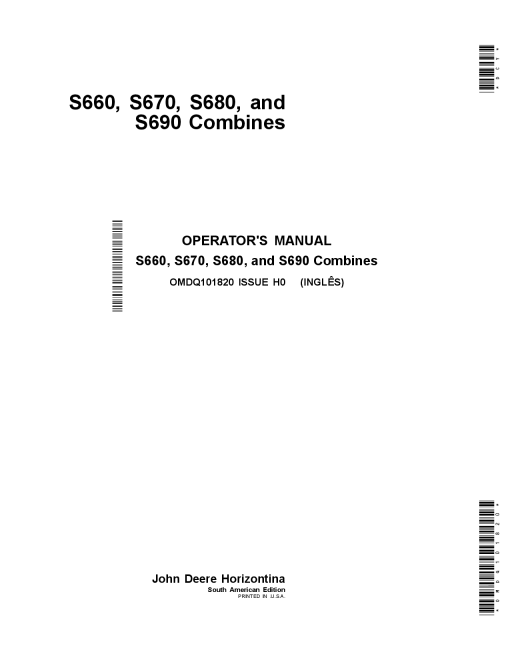 John Deere S660, S670, S680, and S690 Combines OMDQ101820 Operators and Maintenance Manual PDF Download
