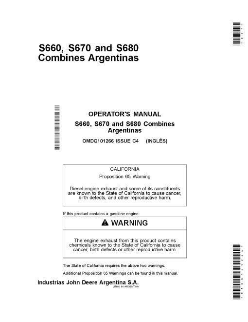 John Deere S660, S670 and S680 Combines OMDQ101266 Operators and Maintenance Manual PDF Download