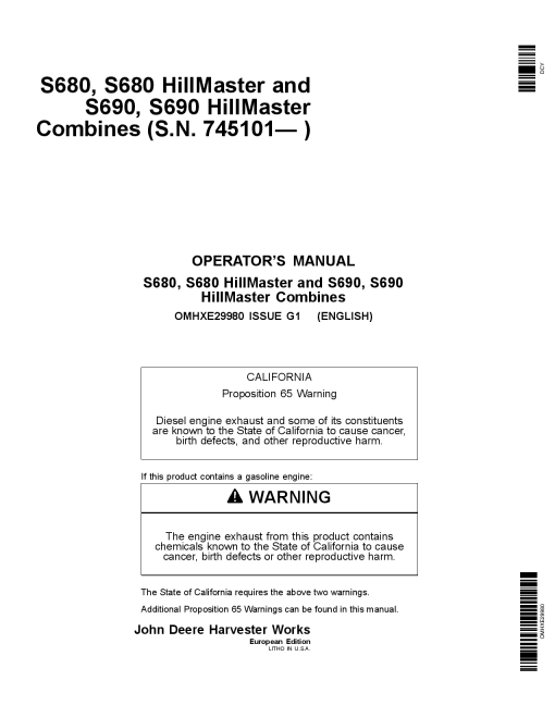 John Deere S680, S680 Hillmaster & S690, S690 Hillmaster Combines European Edition (745101-755000) OMHXE29980 Operators and Maintenance Manual PDF Download