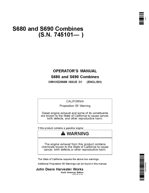 John Deere S680 S690 Combines OMHXE29688 Operators and Maintenance Manual PDF Download