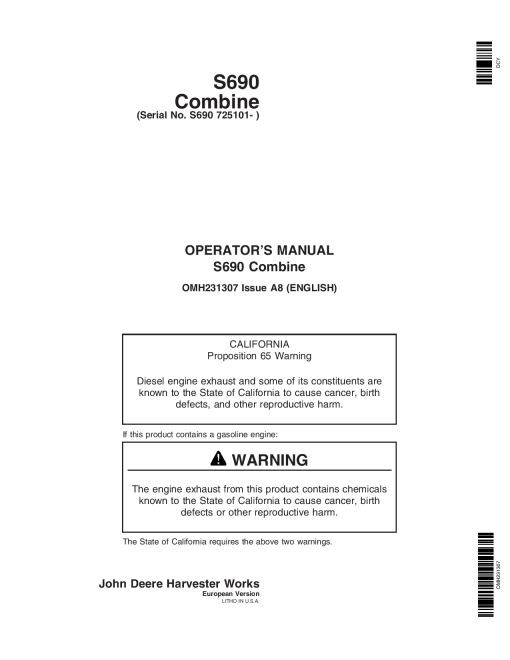 John Deere S690 Combines European Edition (725101- 730100) OMH231307 Operators and Maintenance Manual PDF Download