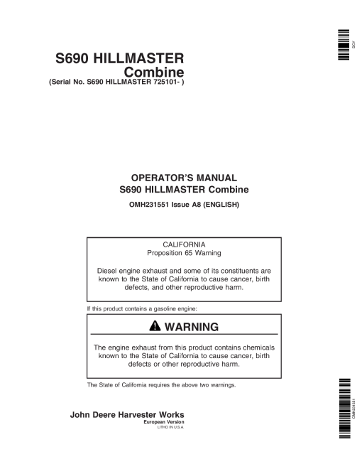 John Deere S690 HILLMASTER Combine (725101-) OMH231551 Operators and Maintenance Manual PDF Download
