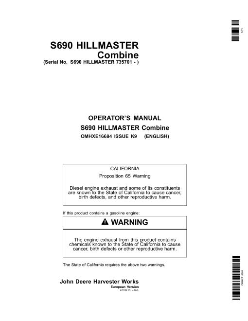 John Deere S690 HILLMASTER Combine (735701-) OMHXE16684 Operators and Maintenance Manual PDF Download