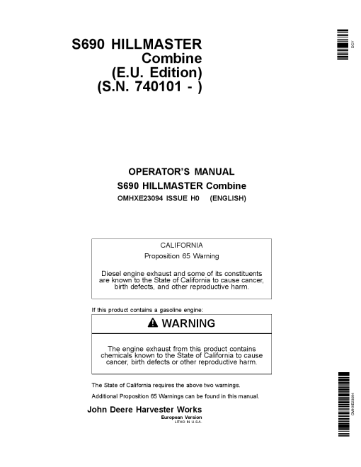 John Deere S690 HILLMASTER Combine (EU Edition) (740101-) OMHXE23094 Operators and Maintenance Manual PDF Download