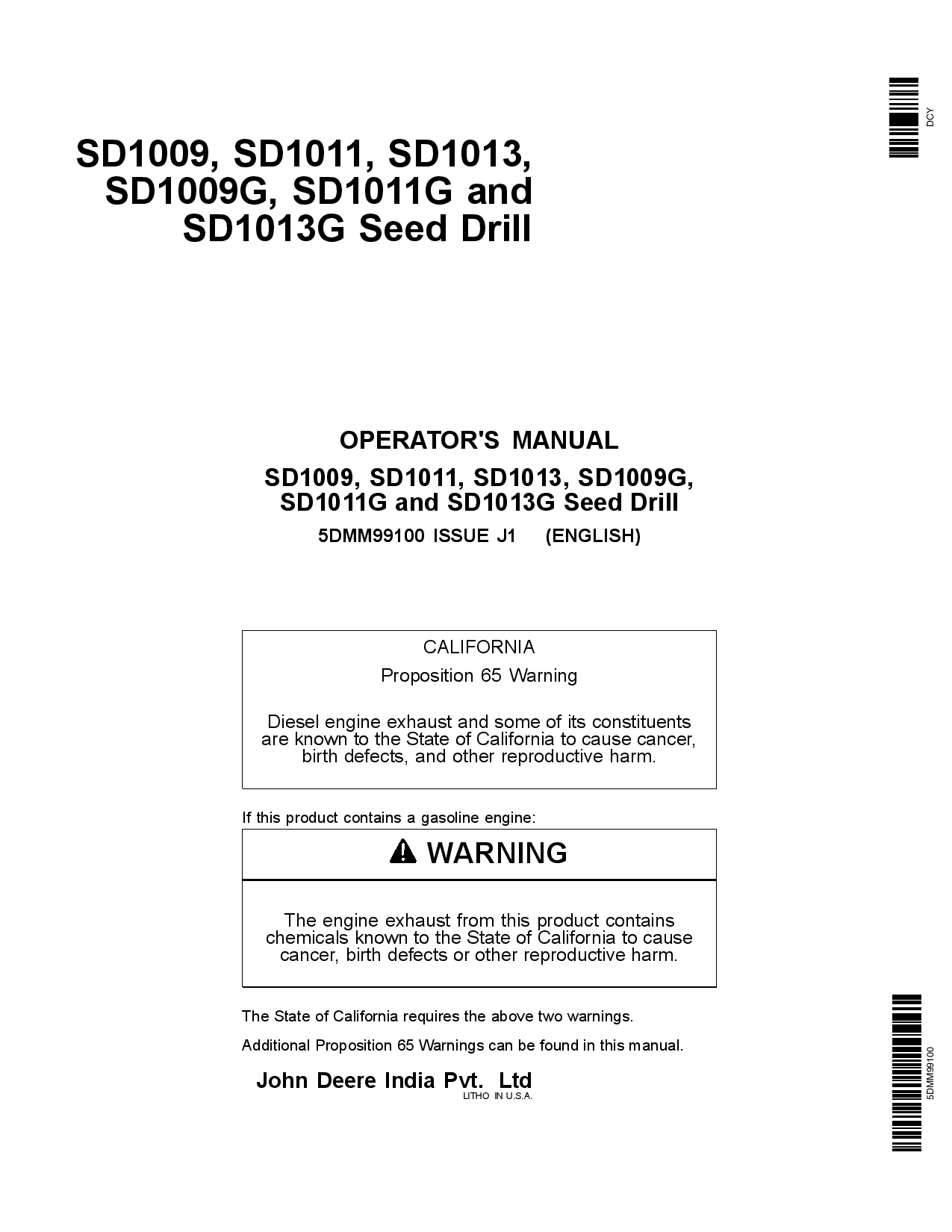 John Deere SD1009, SD1011, SD1013, SD1009G, SD1011G, SD1013G Seed Drill 5DMM99100 Operators and Maintenance Manual PDF Download