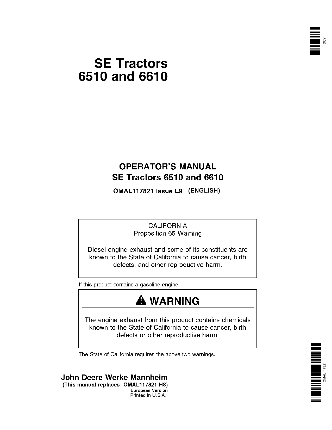 John Deere SE 6510 & SE 6610 Tractors OMAL117821 Operators and Maintenance Manual PDF Download