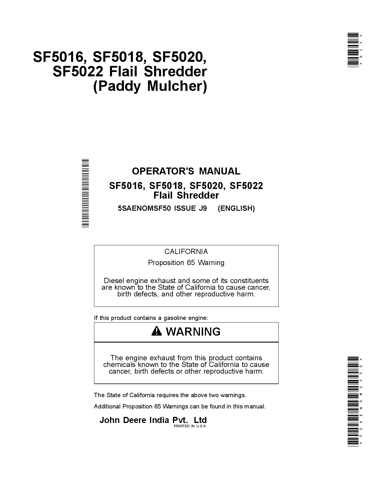 John Deere SF5016, SF5018, SF5020, and SF5022 Flail Shredder (Paddy Mulcher) 5SAENOMSF50 Operators and Maintenance Manual PDF Download