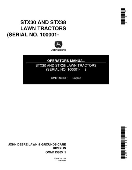 John Deere STX30, STX38 Lawn Tractors (100001-) OMM113863 Operators and Maintenance Manual PDF Download