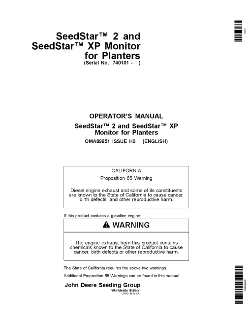 John Deere SeedStar 2 81 SeedStar XP Monitor Worldwide Edition (740101-745100) OMA89851 Operators and Maintenance Manual PDF Download