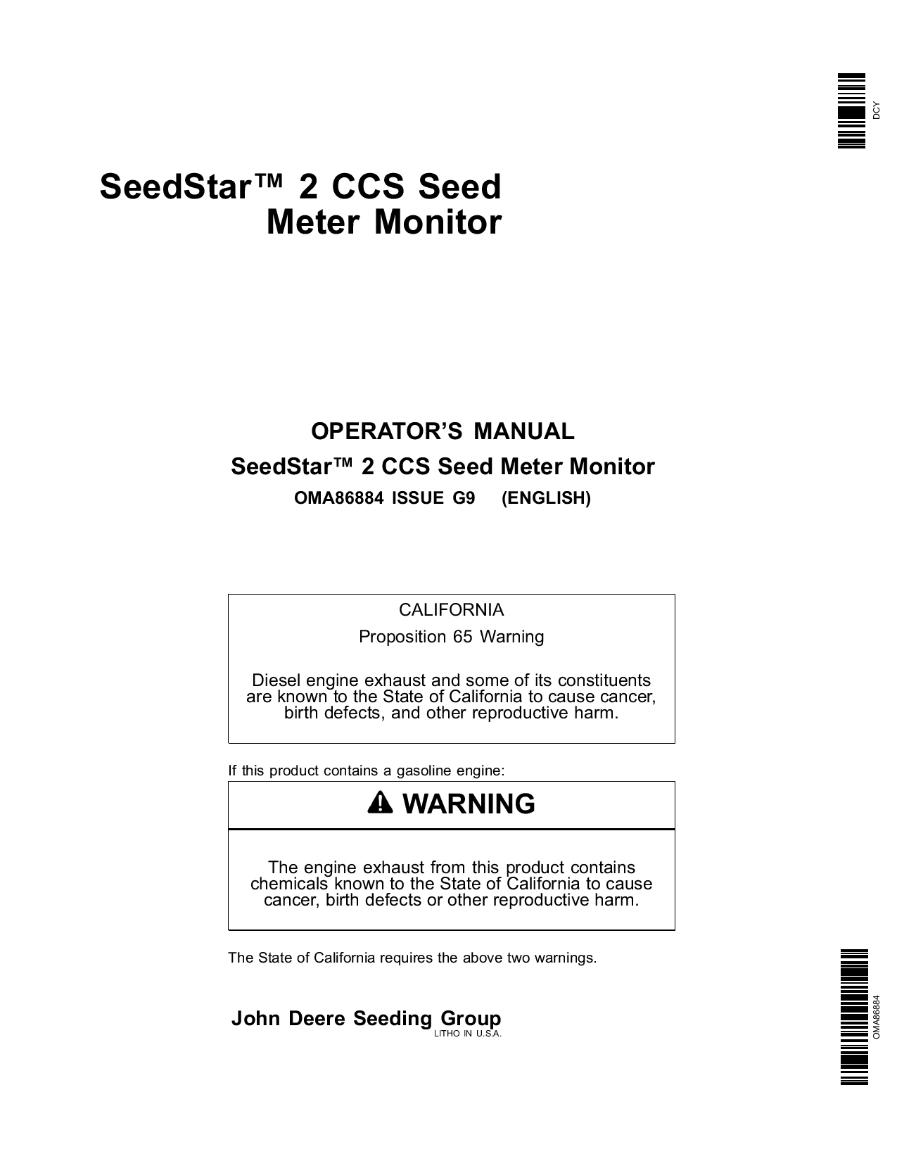 John Deere SeedStar 2 CCS Seed Meter Monitor (735101-) OMA86884 Operators and Maintenance Manual PDF Download