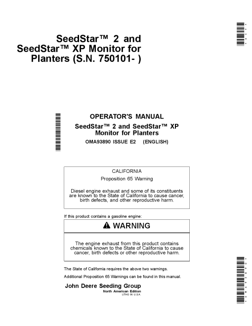 John Deere SeedStar 2 & SeedStar XP Monitor Worldwide Edition (750101-) OMA93890 Operators and Maintenance Manual PDF Download