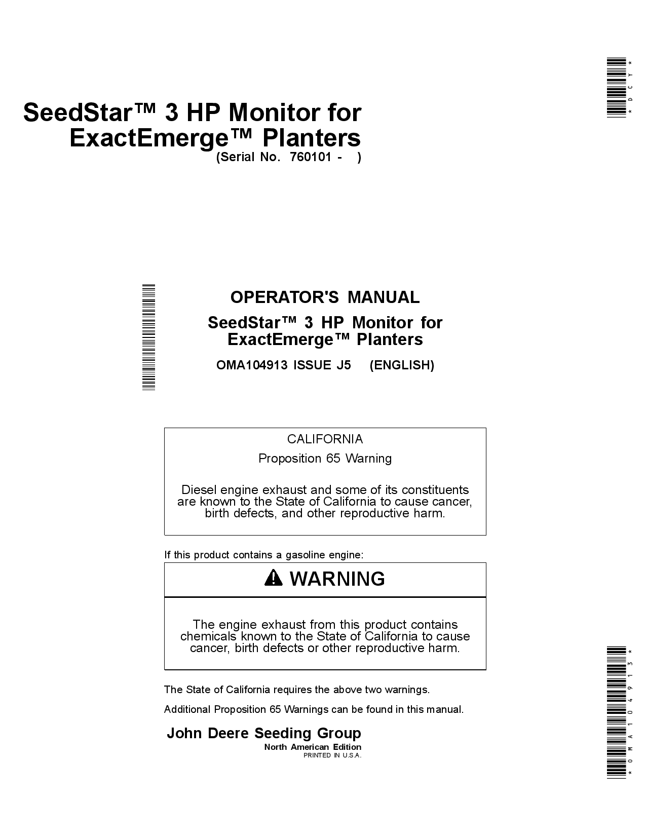 John Deere SeedStar 3 HP Monitor North American Edition (760101-770100) OMA104913 Operators and Maintenance Manual PDF Download