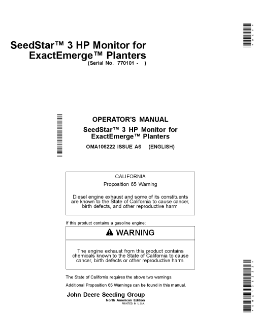 John Deere SeedStar 3 HP Monitorsfor MaxEmerge Planters North American Edition (770101- ) OMA106222 Operators and Maintenance Manual PDF Download
