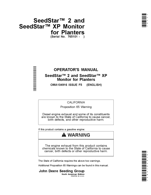 John Deere SeedStar & SeedStar XP Monitors WorIdwide Edition Edition (765101-) OMA104916 Operators and Maintenance Manual PDF Download