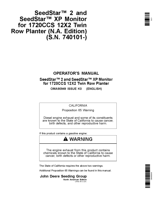 John Deere Seedstar 2 and Seedstar XP Monitor for 1720 CCS 12x2 Twin Row Planter (740101-) OMA90949 Operators and Maintenance Manual PDF Download