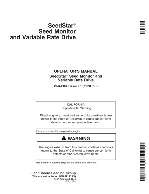 John Deere Seedstar Seed Monitor & Variable Rate Drive - (SN -715999) OMA71821 Operators and Maintenance Manual PDF Download